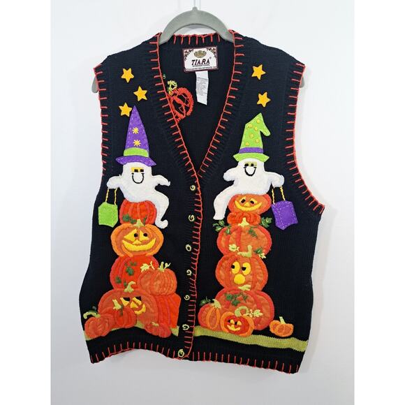 Vtg Tiara International Halloween Vest Womens L Black Pumpkin Ghost Embroidered - Picture 1 of 4